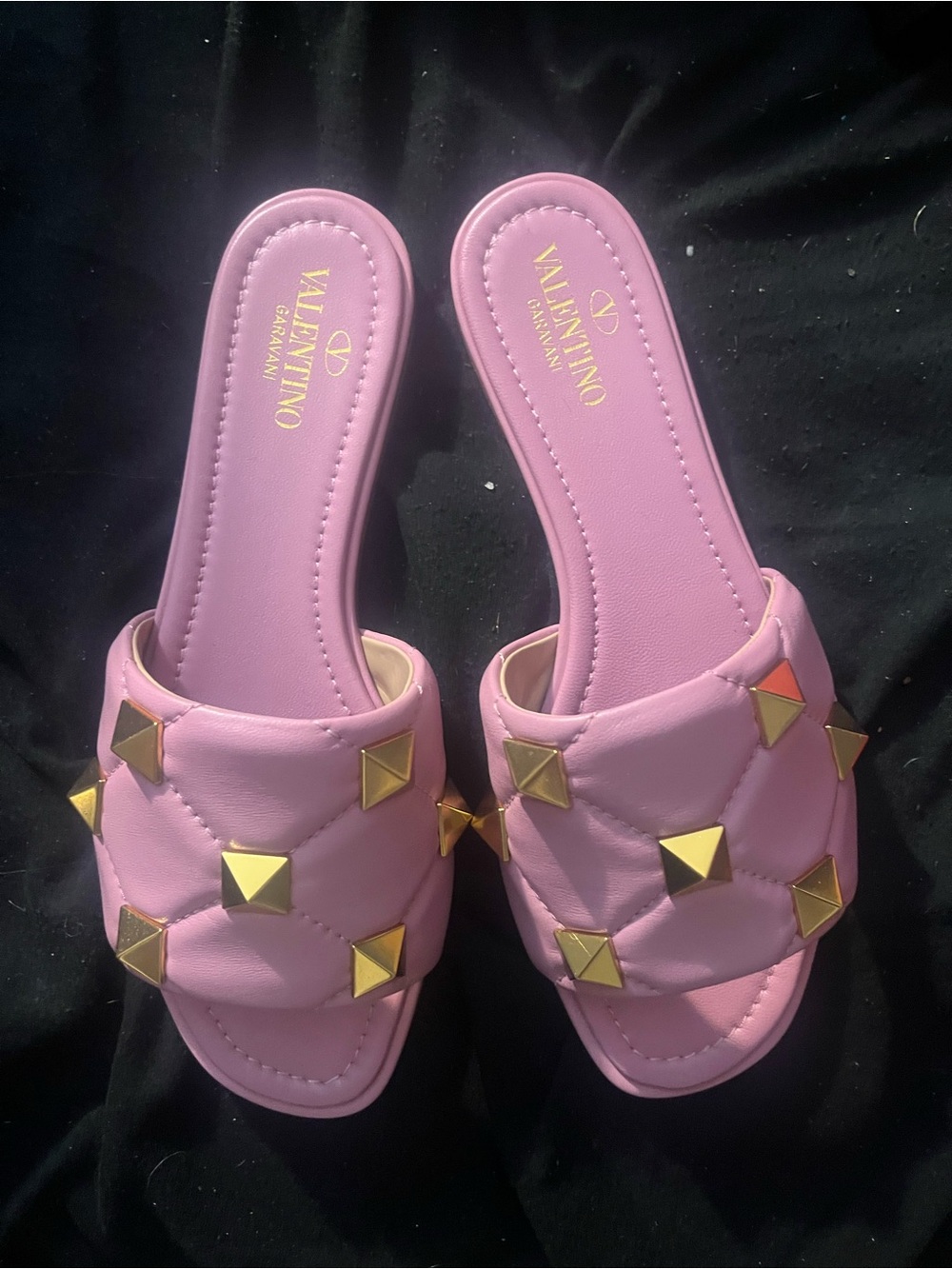 Valentino Garavani Lavender Quilted Slide Sandals with Gold Studs
